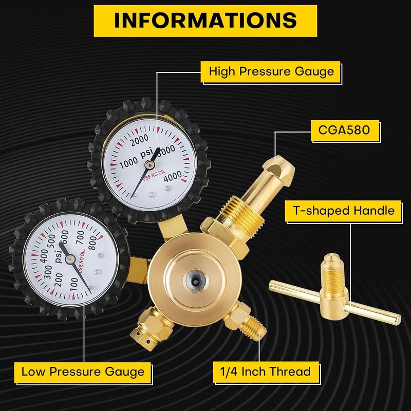 Acymner Heavy-Duty Nitrogen Regulator 0-800 PSI | Nitrogen Regulator Hvac, CGA580 Inlet, 1/4-Inch Male Flare Outlet, Brass Body, Double Gauges, Ideal for HVAC Purging and Pressure Charging - Image 2